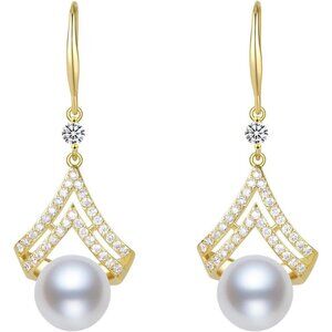Pearl Drop Earrings for Women 14K Gold Plated Sterling Silver Dainty Dangle Gift